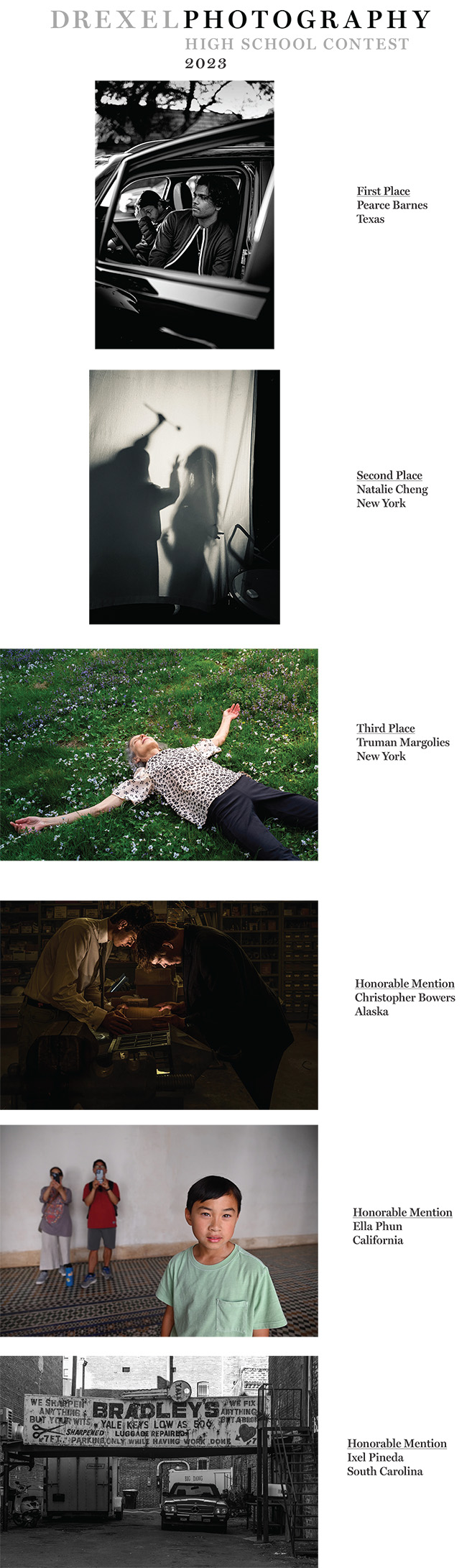 first through third prize winners and 3 honorable mention winners in 2023 Drexel High School Photo Contest